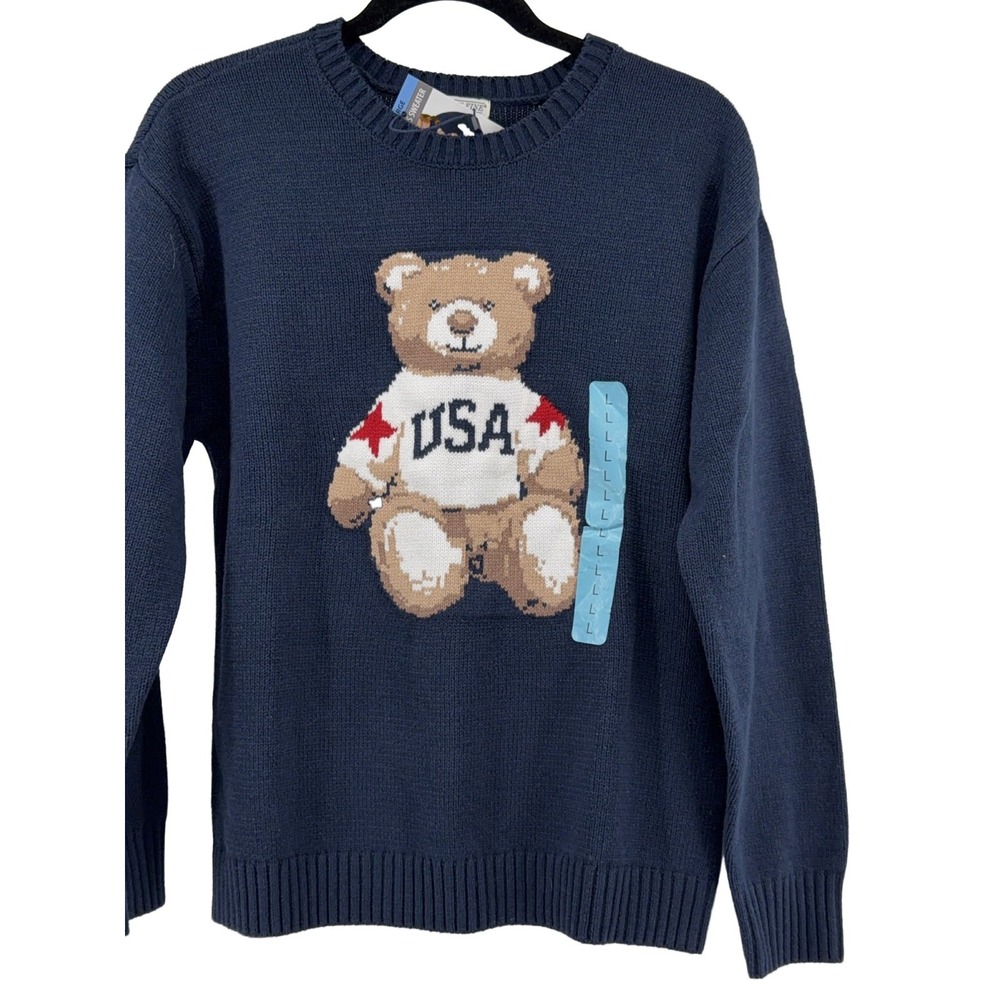 Mighty Fine Women's Large Navy Blue Patriotic USA Crew Neck Sweater Cotton Blend